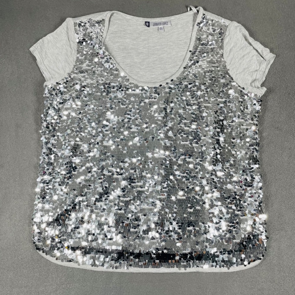 Jennifer Lopez Silver Sequin Scoop Neck Tee Women's‎ XL Glam Night Out T-Shirt